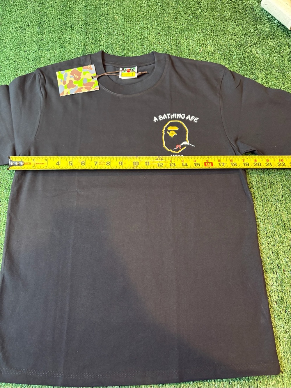 Bape Black Short-Sleeve Tee with Small Yellow Ape Head Chest Logo - Picture 8 of 9